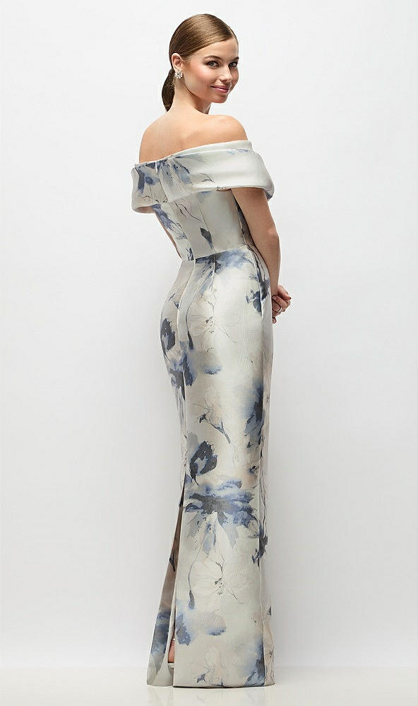 Back View - Inkwash Blue Floral Draped Wrap Off-the-Shoulder Satin Column Maxi Dress