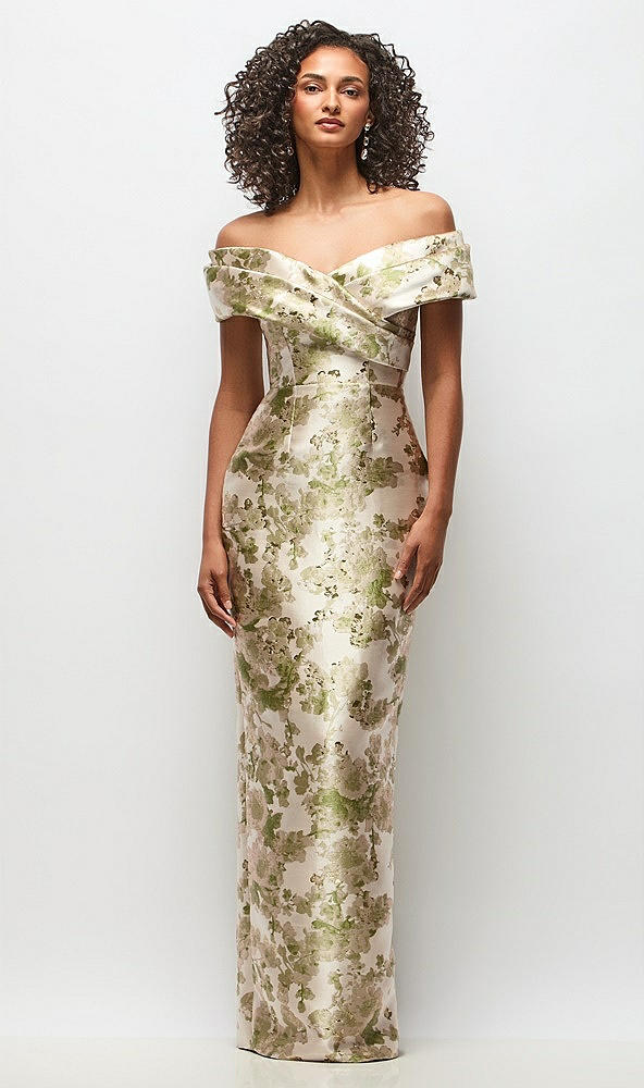 Front View - Peridot Blush Draped Wrap Off-the-Shoulder Abstract Floral Jacquard Column Maxi Dress