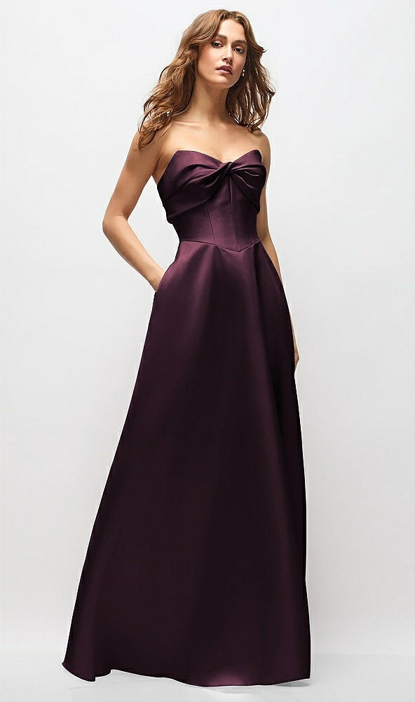 Front View - Deep Plum Strapless Twist Cuff Neck Satin Maxi Dress with Basque-Waist & Full Skirt