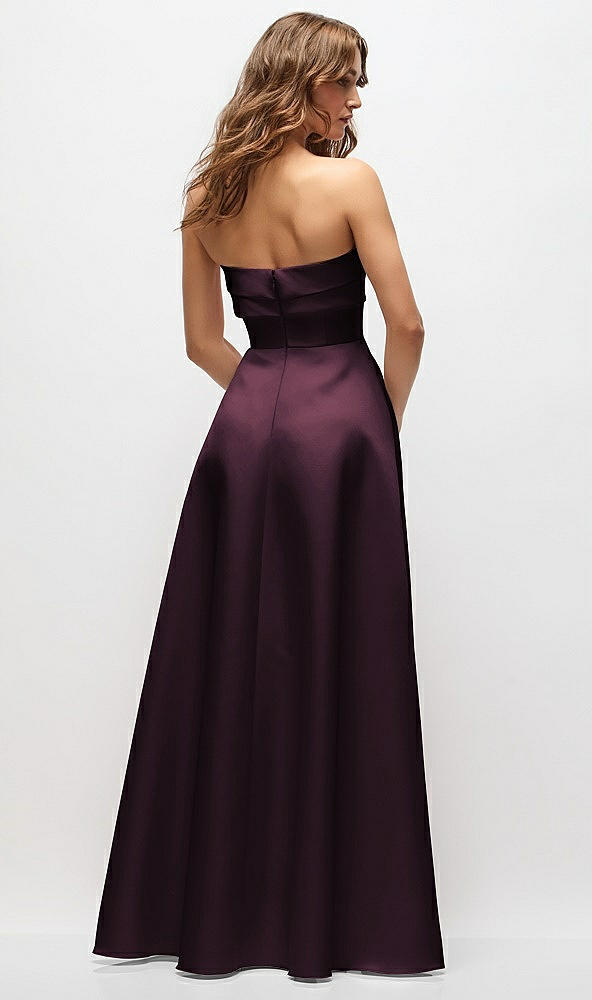 Back View - Deep Plum Strapless Twist Cuff Neck Satin Maxi Dress with Basque-Waist & Full Skirt
