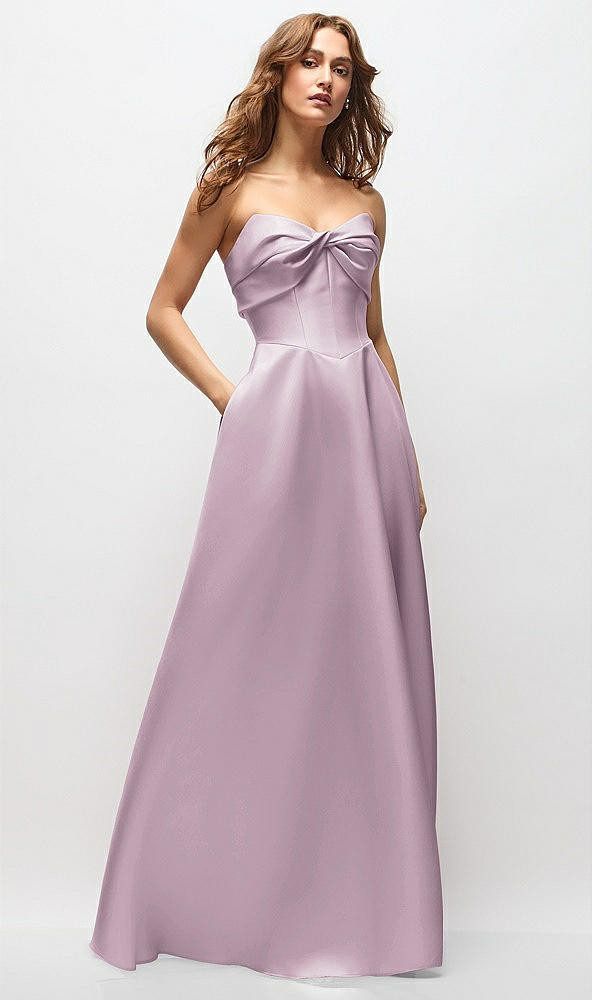 Front View - Suede Rose Strapless Twist Cuff Neck Satin Maxi Dress with Basque-Waist & Full Skirt