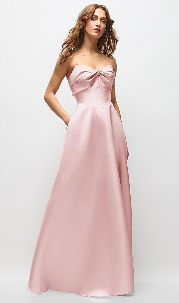 Front View - Ballet Pink Strapless Twist Cuff Neck Satin Maxi Dress with Basque-Waist & Full Skirt