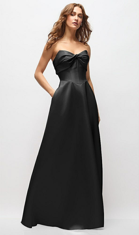 Front View - Black Strapless Twist Cuff Neck Satin Maxi Dress with Basque-Waist & Full Skirt