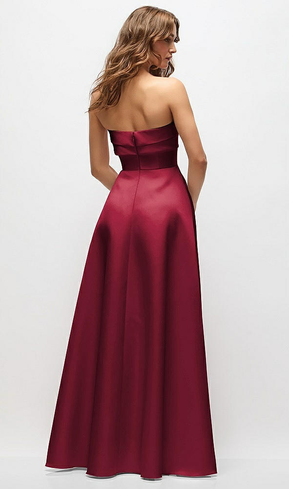 Back View - Burgundy Strapless Twist Cuff Neck Satin Maxi Dress with Basque-Waist & Full Skirt