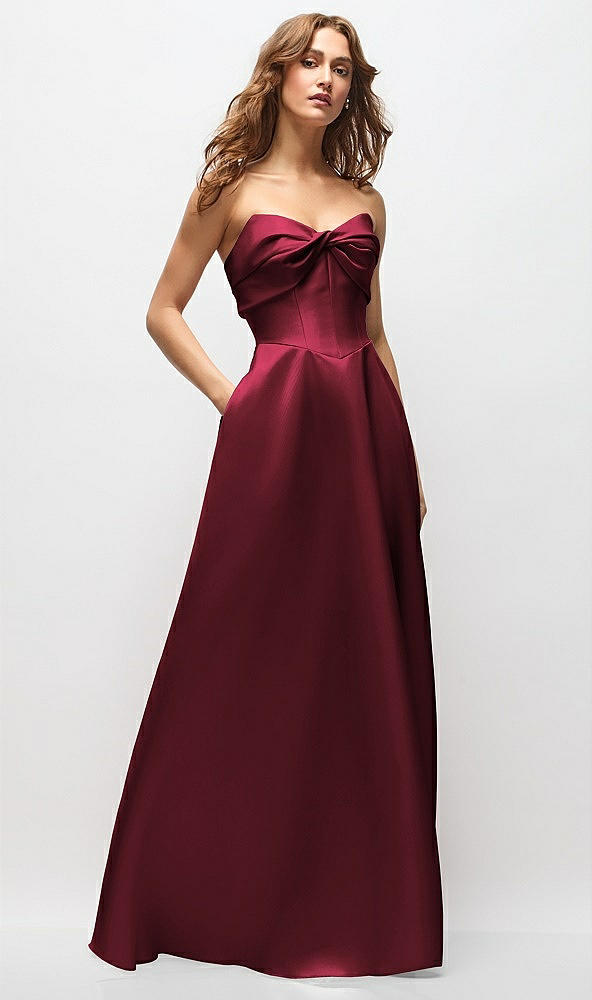 Front View - Cabernet Strapless Twist Cuff Neck Satin Maxi Dress with Basque-Waist & Full Skirt