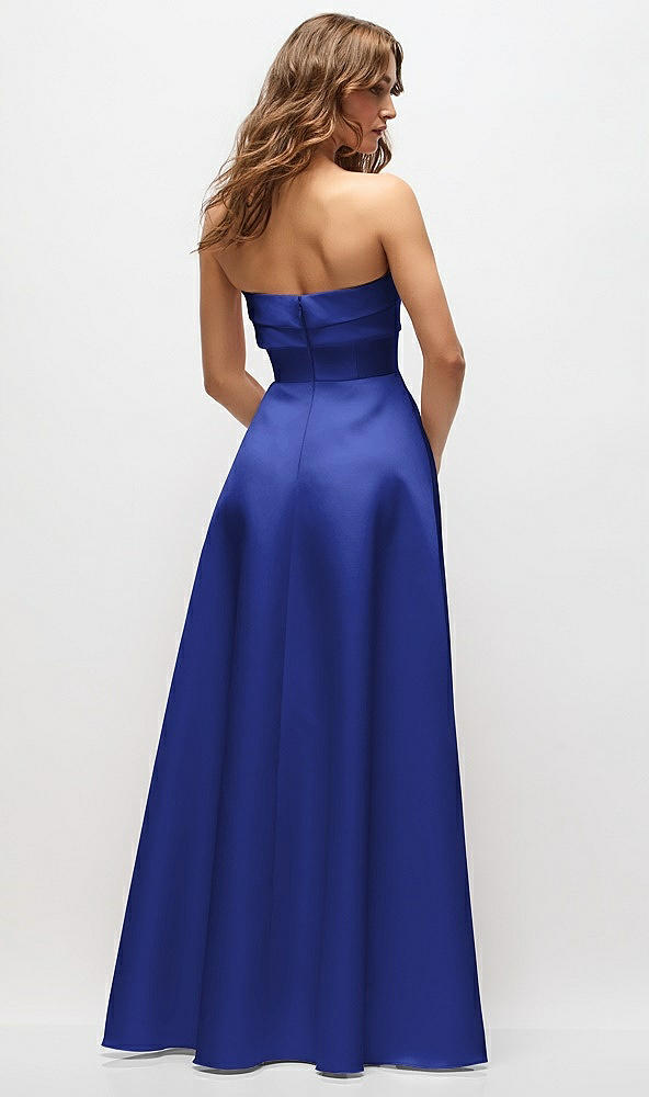 Back View - Cobalt Blue Strapless Twist Cuff Neck Satin Maxi Dress with Basque-Waist & Full Skirt