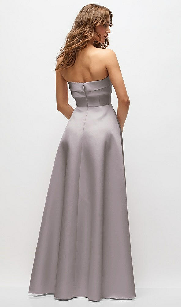 Back View - Cashmere Gray Strapless Twist Cuff Neck Satin Maxi Dress with Basque-Waist & Full Skirt