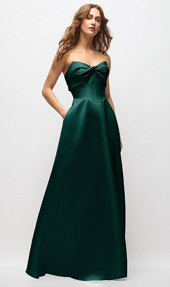 Front View - Evergreen Strapless Twist Cuff Neck Satin Maxi Dress with Basque-Waist & Full Skirt