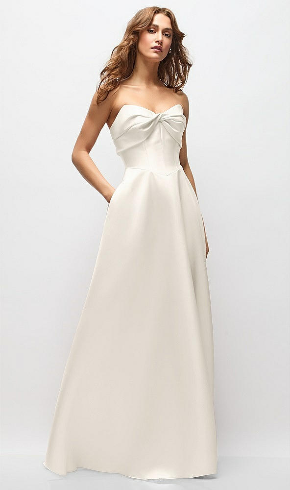 Front View - Ivory Strapless Twist Cuff Neck Satin Maxi Dress with Basque-Waist & Full Skirt