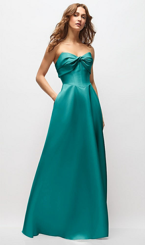 Front View - Jade Strapless Twist Cuff Neck Satin Maxi Dress with Basque-Waist & Full Skirt