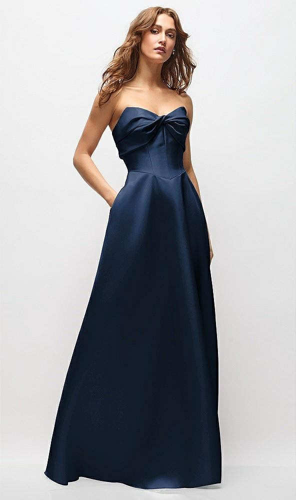 Front View - Midnight Navy Strapless Twist Cuff Neck Satin Maxi Dress with Basque-Waist & Full Skirt