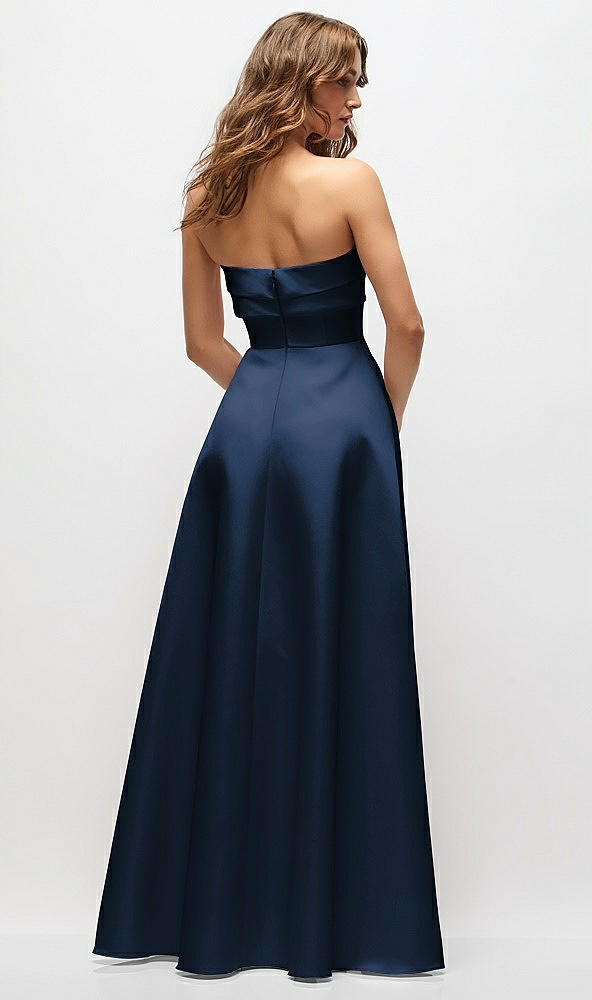 Back View - Midnight Navy Strapless Twist Cuff Neck Satin Maxi Dress with Basque-Waist & Full Skirt