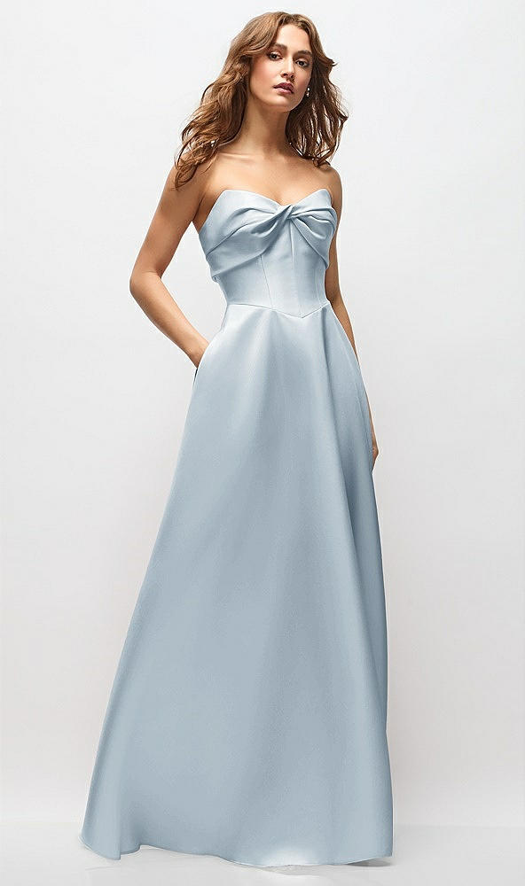 Front View - Mist Strapless Twist Cuff Neck Satin Maxi Dress with Basque-Waist & Full Skirt
