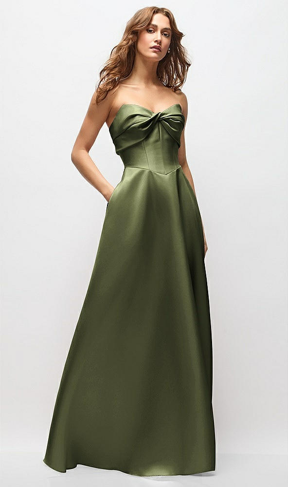 Front View - Olive Green Strapless Twist Cuff Neck Satin Maxi Dress with Basque-Waist & Full Skirt