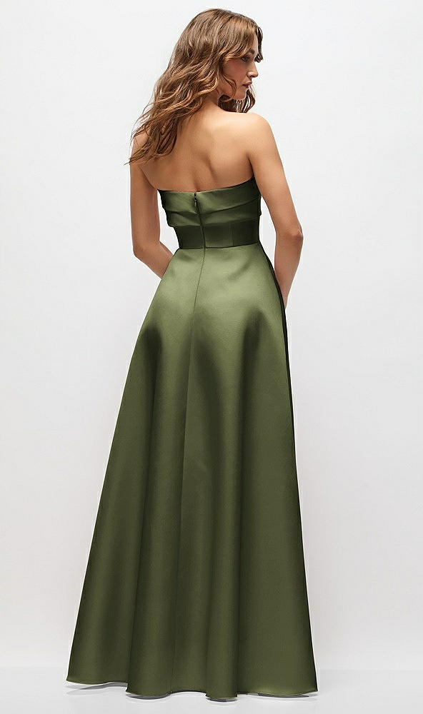Back View - Olive Green Strapless Twist Cuff Neck Satin Maxi Dress with Basque-Waist & Full Skirt