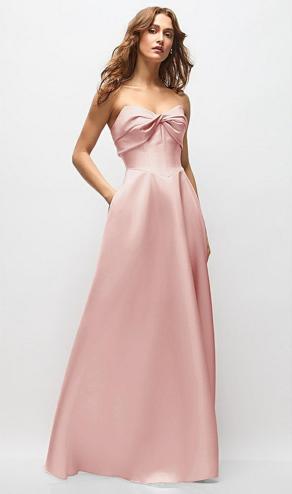 Front View - Rose Strapless Twist Cuff Neck Satin Maxi Dress with Basque-Waist & Full Skirt