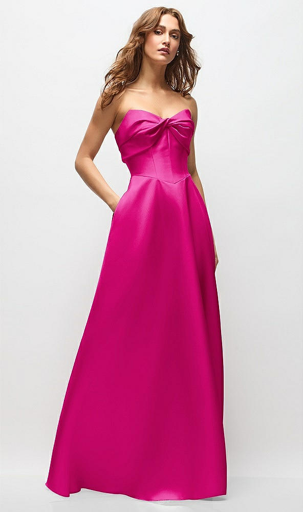 Front View - Think Pink Strapless Twist Cuff Neck Satin Maxi Dress with Basque-Waist & Full Skirt
