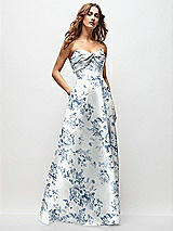 Front View Thumbnail - Cottage Rose Larkspur Strapless Twist Cuff Neck Floral Satin Maxi Dress with Basque-Waist & Full Skirt