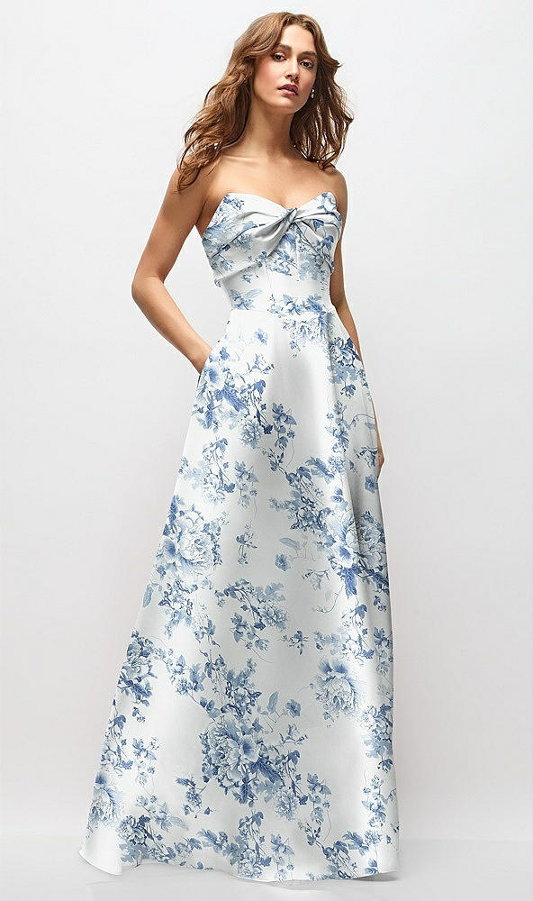 Front View - Cottage Rose Larkspur Strapless Twist Cuff Neck Floral Satin Maxi Dress with Basque-Waist & Full Skirt