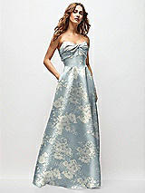 Front View Thumbnail - Porcelain Blue Seraphina Floral Strapless Twist Cuff Neck Floral Satin Maxi Dress with Basque-Waist & Full Skirt