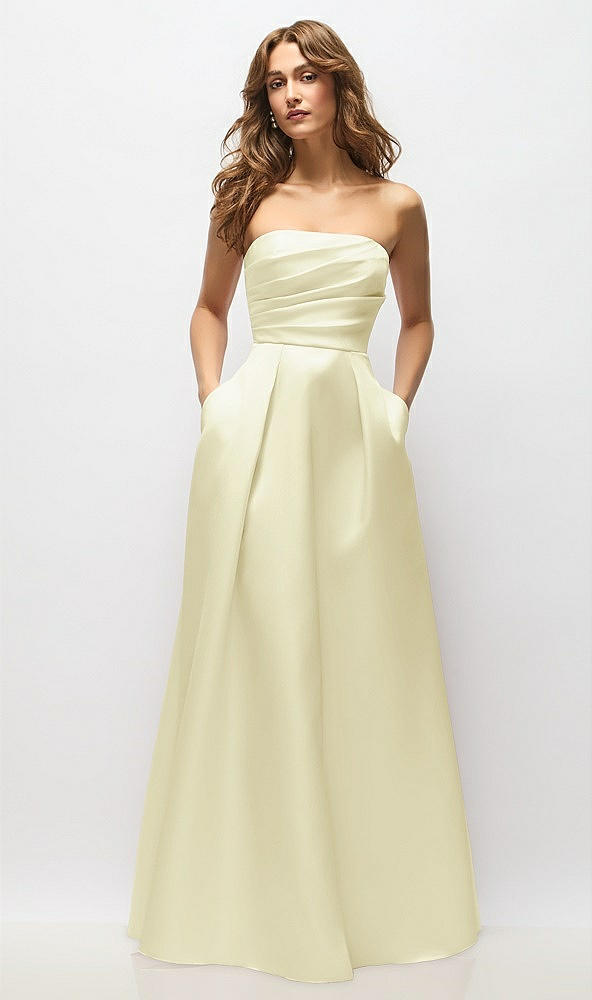 Front View - Butter Yellow Strapless Hand-Pleated Bodice Satin Maxi Dress with Full Pleated Skirt