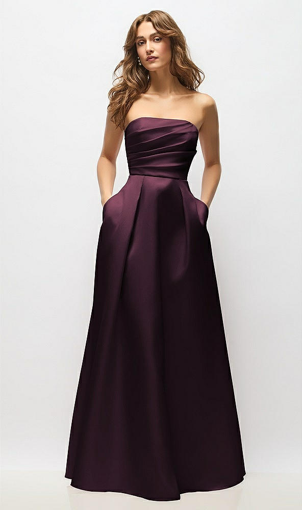 Front View - Deep Plum Strapless Hand-Pleated Bodice Satin Maxi Dress with Full Pleated Skirt