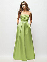 Front View Thumbnail - Mojito Strapless Hand-Pleated Bodice Satin Maxi Dress with Full Pleated Skirt