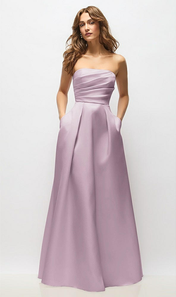 Front View - Suede Rose Strapless Hand-Pleated Bodice Satin Maxi Dress with Full Pleated Skirt