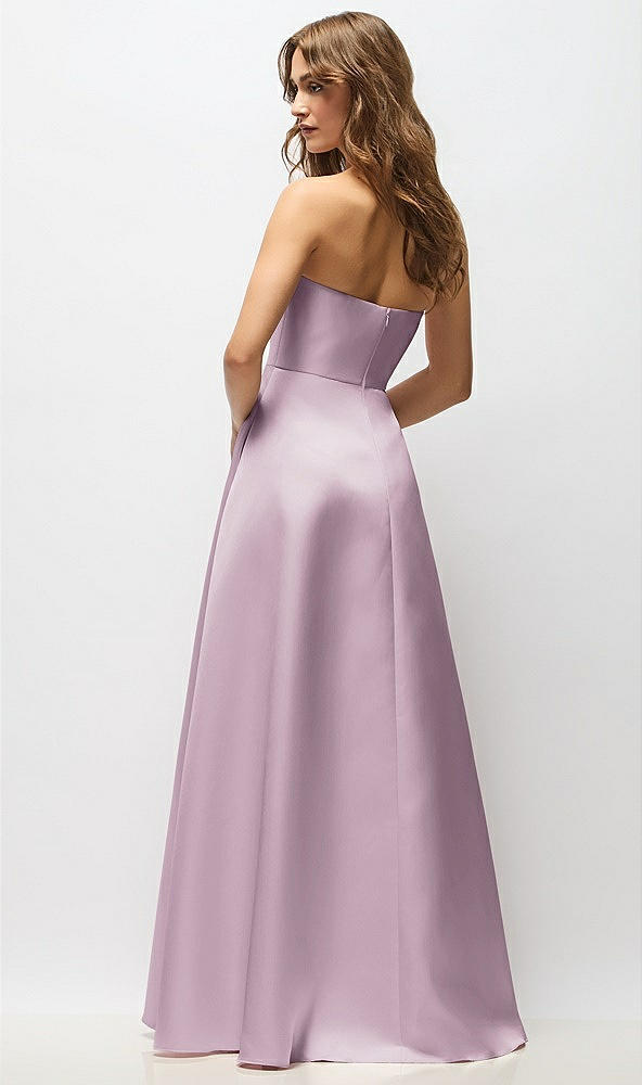 Back View - Suede Rose Strapless Hand-Pleated Bodice Satin Maxi Dress with Full Pleated Skirt