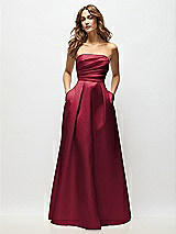 Front View Thumbnail - Burgundy Strapless Hand-Pleated Bodice Satin Maxi Dress with Full Pleated Skirt