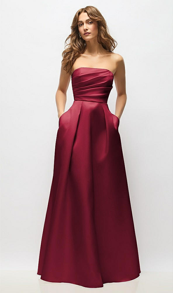 Front View - Burgundy Strapless Hand-Pleated Bodice Satin Maxi Dress with Full Pleated Skirt