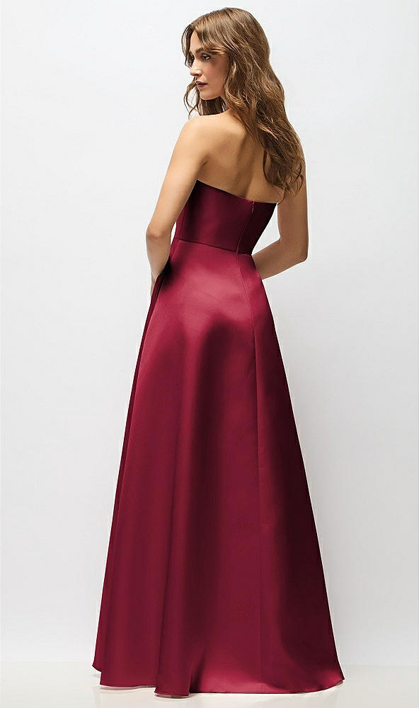 Back View - Burgundy Strapless Hand-Pleated Bodice Satin Maxi Dress with Full Pleated Skirt