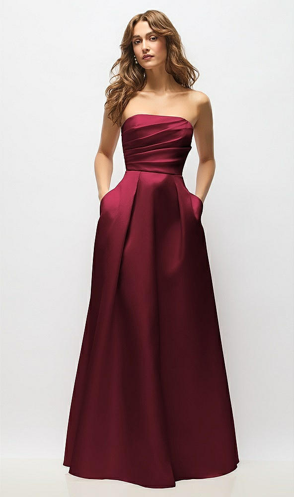 Front View - Cabernet Strapless Hand-Pleated Bodice Satin Maxi Dress with Full Pleated Skirt