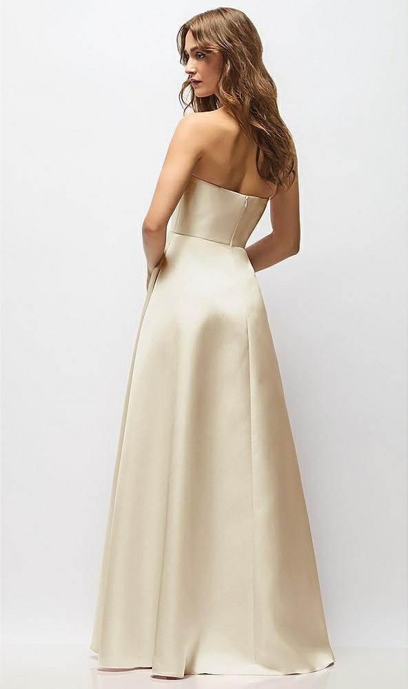 Back View - Champagne Strapless Hand-Pleated Bodice Satin Maxi Dress with Full Pleated Skirt