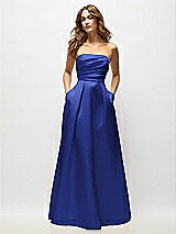 Front View Thumbnail - Cobalt Blue Strapless Hand-Pleated Bodice Satin Maxi Dress with Full Pleated Skirt