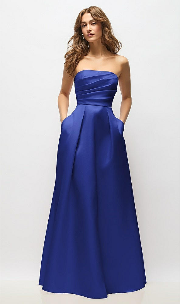 Front View - Cobalt Blue Strapless Hand-Pleated Bodice Satin Maxi Dress with Full Pleated Skirt