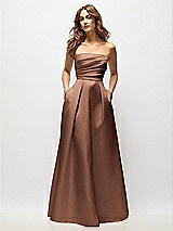 Front View Thumbnail - Cognac Strapless Hand-Pleated Bodice Satin Maxi Dress with Full Pleated Skirt