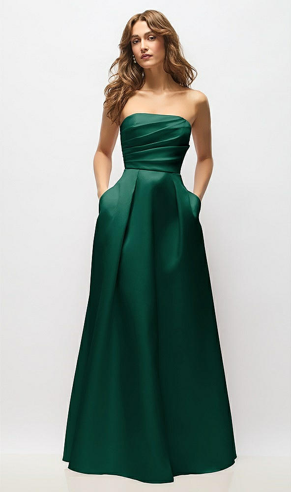 Front View - Hunter Green Strapless Hand-Pleated Bodice Satin Maxi Dress with Full Pleated Skirt