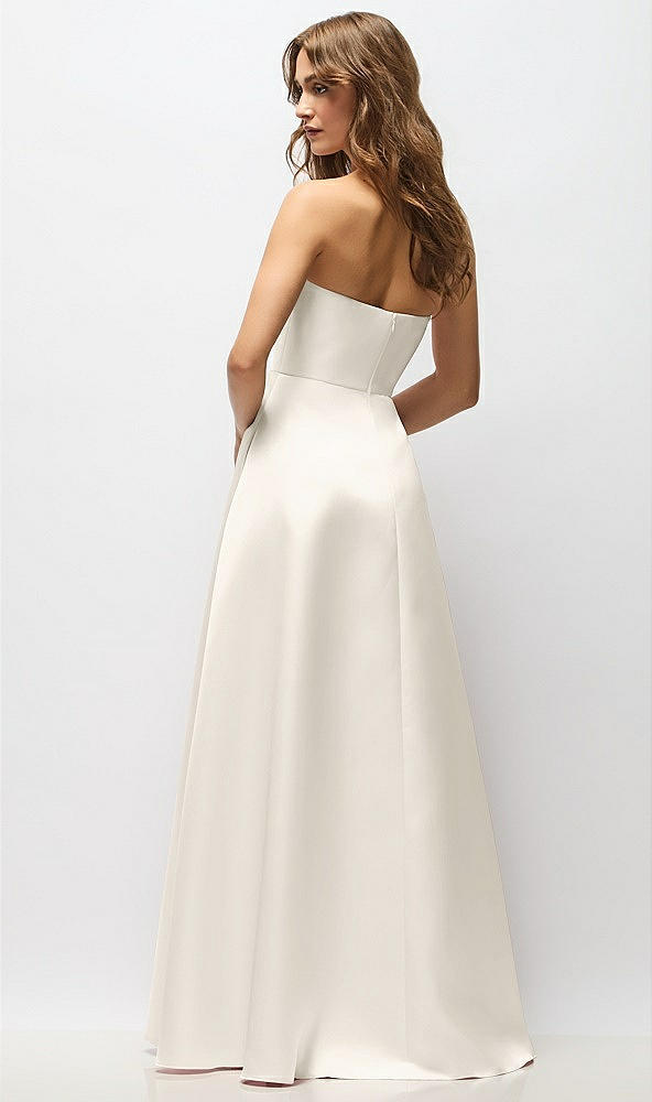 Back View - Ivory Strapless Hand-Pleated Bodice Satin Maxi Dress with Full Pleated Skirt