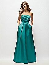 Front View Thumbnail - Jade Strapless Hand-Pleated Bodice Satin Maxi Dress with Full Pleated Skirt