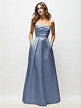 Front View Thumbnail - Larkspur Blue Strapless Hand-Pleated Bodice Satin Maxi Dress with Full Pleated Skirt