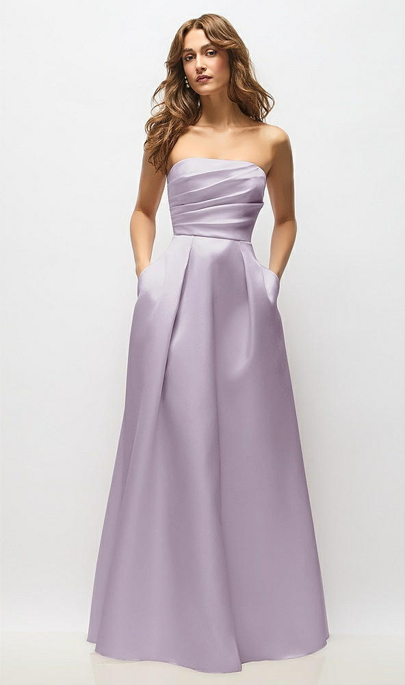 Front View - Lilac Haze Strapless Hand-Pleated Bodice Satin Maxi Dress with Full Pleated Skirt