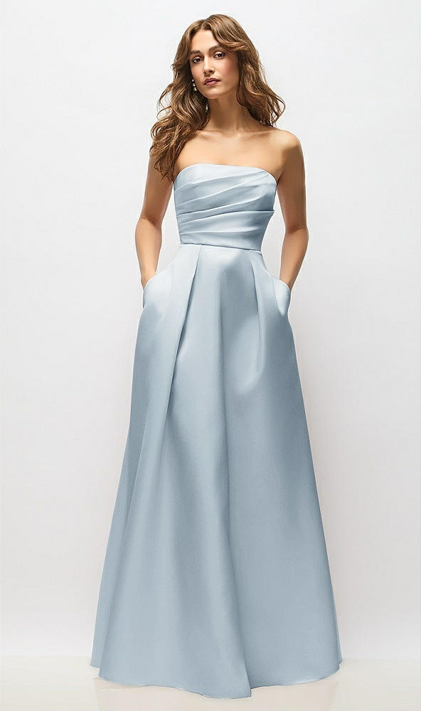 Front View - Mist Strapless Hand-Pleated Bodice Satin Maxi Dress with Full Pleated Skirt