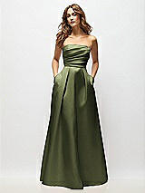 Front View Thumbnail - Olive Green Strapless Hand-Pleated Bodice Satin Maxi Dress with Full Pleated Skirt