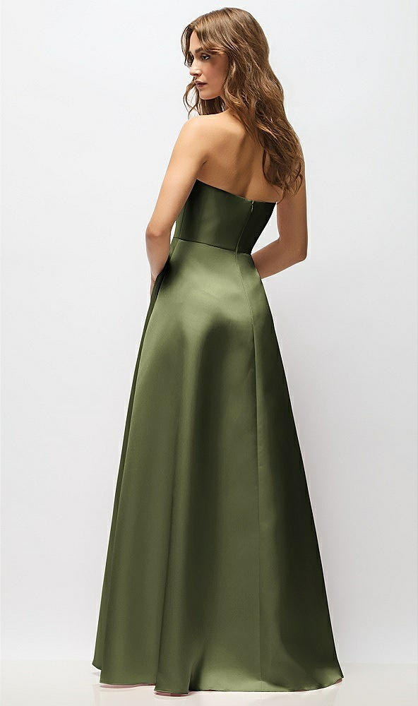 Back View - Olive Green Strapless Hand-Pleated Bodice Satin Maxi Dress with Full Pleated Skirt