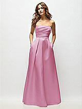 Front View Thumbnail - Powder Pink Strapless Hand-Pleated Bodice Satin Maxi Dress with Full Pleated Skirt