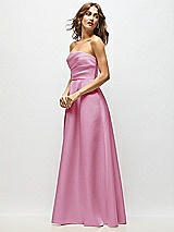 Side View Thumbnail - Powder Pink Strapless Hand-Pleated Bodice Satin Maxi Dress with Full Pleated Skirt