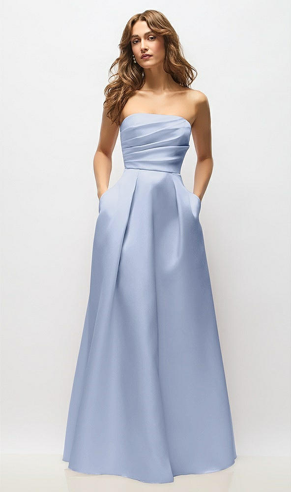 Front View - Sky Blue Strapless Hand-Pleated Bodice Satin Maxi Dress with Full Pleated Skirt