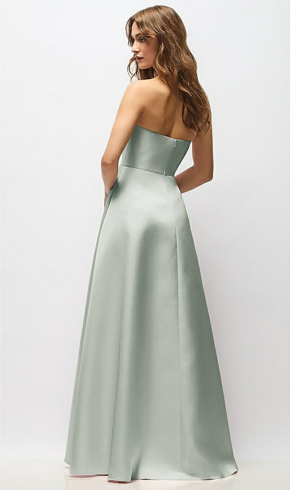 Back View - Willow Green Strapless Hand-Pleated Bodice Satin Maxi Dress with Full Pleated Skirt