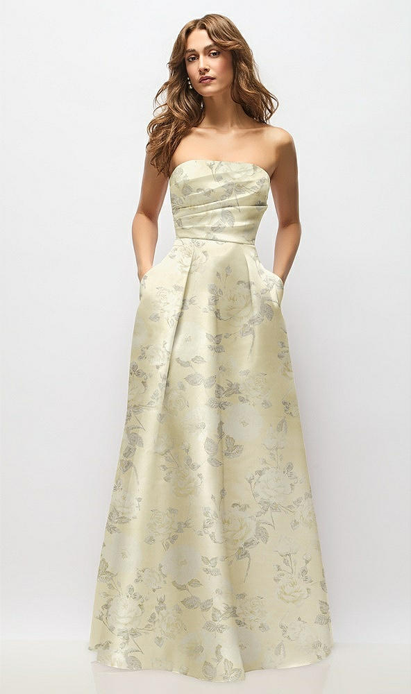 Front View - Butter Yellow Floral Strapless Hand-Pleated Bodice Floral Satin Maxi Dress with Full Pleated Skirt